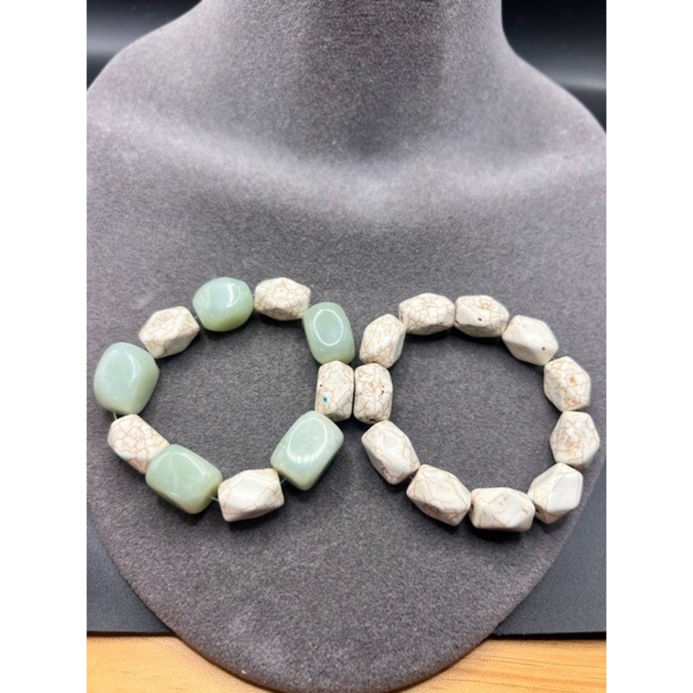 BOHO White Howlite & Green Quartz Semi Precious Stone Chunky Beaded Bracelet Set